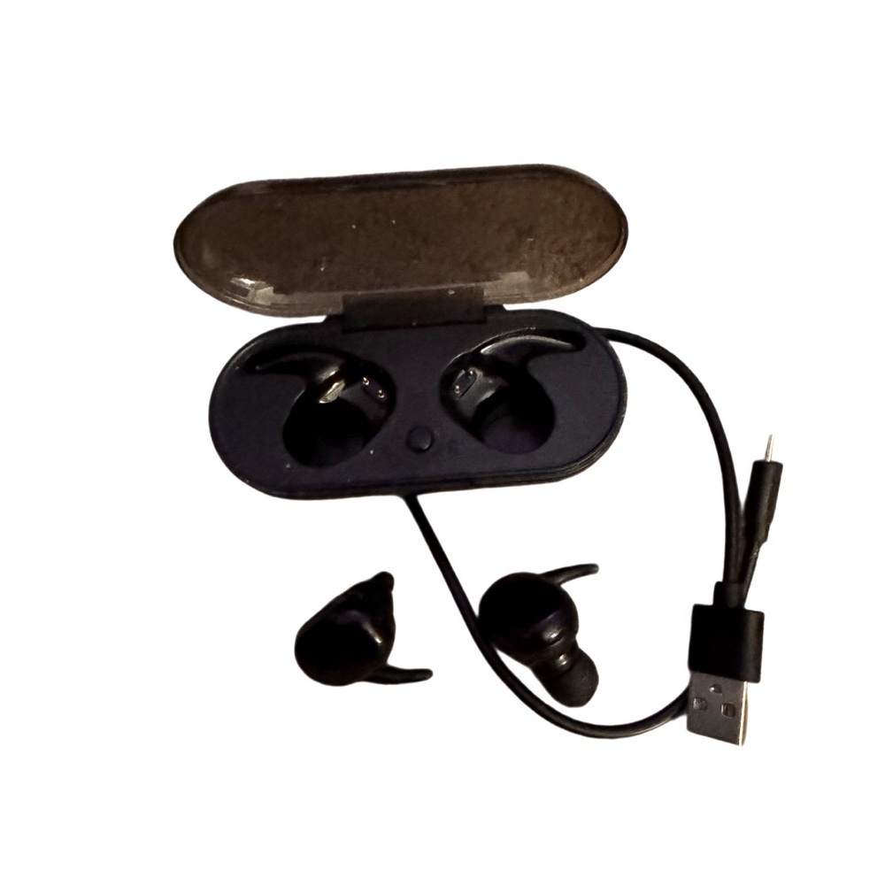 Black Wireless TWS (True Wireless Stereo) earbuds in charging case with Charger